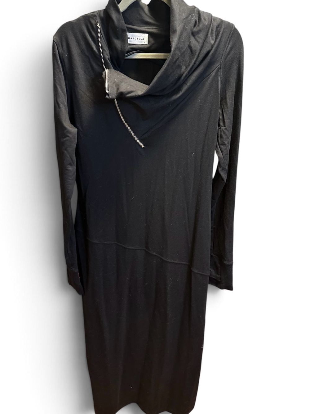 MARCELLA Black Long Sleeve Asymmetric Funnel Neck Dress